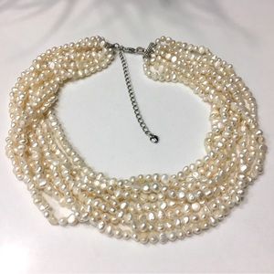Multi 8 Strand 925 Natural White Freshwater Pearl Necklace Sterling Silver